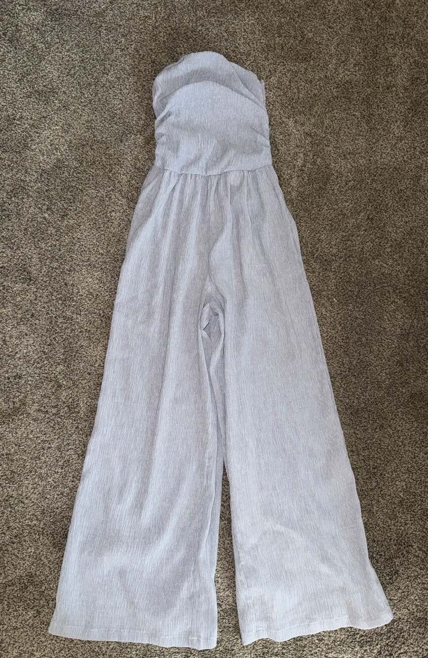 CIDER Drape Neck Smocked Strapless Wide Leg Jumpsuit